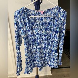 Lilly Pulitzer Blue Elephant Print Blouse Size M
